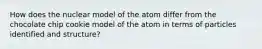 How does the nuclear model of the atom differ from the chocolate chip cookie model of the atom in terms of particles identified and structure?