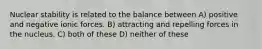 Nuclear stability is related to the balance between A) positive and negative ionic forces. B) attracting and repelling forces in the nucleus. C) both of these D) neither of these