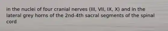 in the nuclei of four cranial nerves (III, VII, IX, X) and in the lateral grey horns of the 2nd-4th sacral segments of the spinal cord