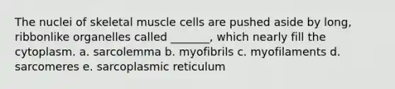 The nuclei of skeletal muscle cells are pushed aside by long, ribbonlike organelles called _______, which nearly fill the cytoplasm. a. sarcolemma b. myofibrils c. myofilaments d. sarcomeres e. sarcoplasmic reticulum