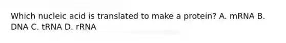 Which nucleic acid is translated to make a protein? A. mRNA B. DNA C. tRNA D. rRNA