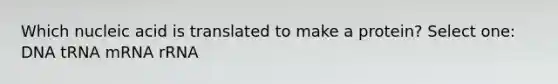Which nucleic acid is translated to make a protein? Select one: DNA tRNA mRNA rRNA