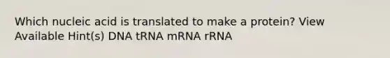 Which nucleic acid is translated to make a protein? View Available Hint(s) DNA tRNA mRNA rRNA