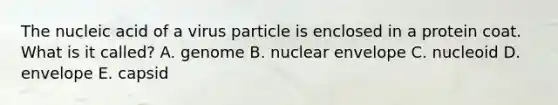 The nucleic acid of a virus particle is enclosed in a protein coat. What is it called? A. genome B. nuclear envelope C. nucleoid D. envelope E. capsid