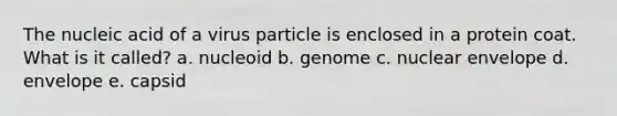 The nucleic acid of a virus particle is enclosed in a protein coat. What is it called? a. nucleoid b. genome c. nuclear envelope d. envelope e. capsid