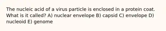 The nucleic acid of a virus particle is enclosed in a protein coat. What is it called? A) nuclear envelope B) capsid C) envelope D) nucleoid E) genome