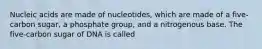 Nucleic acids are made of nucleotides, which are made of a five-carbon sugar, a phosphate group, and a nitrogenous base. The five-carbon sugar of DNA is called