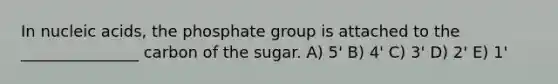 In nucleic acids, the phosphate group is attached to the _______________ carbon of the sugar. A) 5' B) 4' C) 3' D) 2' E) 1'