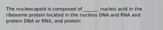 The nucleocapsid is composed of ______. nucleic acid in the ribosome protein located in the nucleus DNA and RNA and protein DNA or RNA, and protein