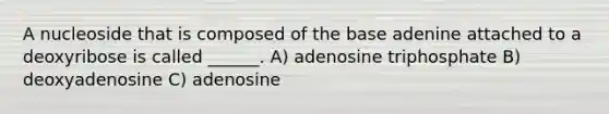 A nucleoside that is composed of the base adenine attached to a deoxyribose is called ______. A) adenosine triphosphate B) deoxyadenosine C) adenosine