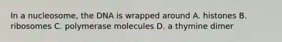 In a nucleosome, the DNA is wrapped around A. histones B. ribosomes C. polymerase molecules D. a thymine dimer
