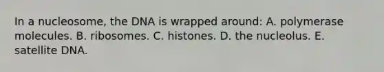 In a nucleosome, the DNA is wrapped around: A. polymerase molecules. B. ribosomes. C. histones. D. the nucleolus. E. satellite DNA.