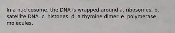 In a nucleosome, the DNA is wrapped around a. ribosomes. b. satellite DNA. c. histones. d. a thymine dimer. e. polymerase molecules.