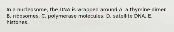 In a nucleosome, the DNA is wrapped around A. a thymine dimer. B. ribosomes. C. polymerase molecules. D. satellite DNA. E. histones.