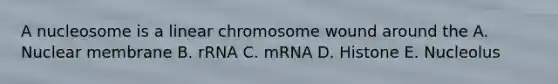 A nucleosome is a linear chromosome wound around the A. Nuclear membrane B. rRNA C. mRNA D. Histone E. Nucleolus