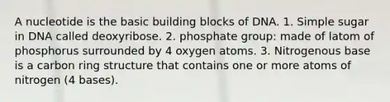 A nucleotide is the basic building blocks of DNA. 1. Simple sugar in DNA called deoxyribose. 2. phosphate group: made of latom of phosphorus surrounded by 4 oxygen atoms. 3. Nitrogenous base is a carbon ring structure that contains one or more atoms of nitrogen (4 bases).