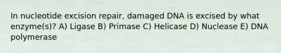 In nucleotide excision repair, damaged DNA is excised by what enzyme(s)? A) Ligase B) Primase C) Helicase D) Nuclease E) DNA polymerase