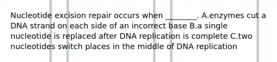 Nucleotide excision repair occurs when ________. A.enzymes cut a DNA strand on each side of an incorrect base B.a single nucleotide is replaced after DNA replication is complete C.two nucleotides switch places in the middle of DNA replication