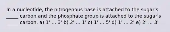 In a nucleotide, the nitrogenous base is attached to the sugar's _____ carbon and the phosphate group is attached to the sugar's _____ carbon. a) 1' ... 3' b) 2' ... 1' c) 1' ... 5' d) 1' ... 2' e) 2' ... 3'