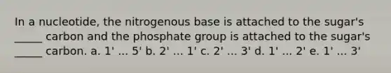 In a nucleotide, the nitrogenous base is attached to the sugar's _____ carbon and the phosphate group is attached to the sugar's _____ carbon. a. 1' ... 5' b. 2' ... 1' c. 2' ... 3' d. 1' ... 2' e. 1' ... 3'