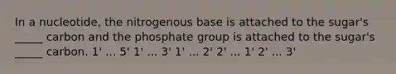 In a nucleotide, the nitrogenous base is attached to the sugar's _____ carbon and the phosphate group is attached to the sugar's _____ carbon. 1' ... 5' 1' ... 3' 1' ... 2' 2' ... 1' 2' ... 3'