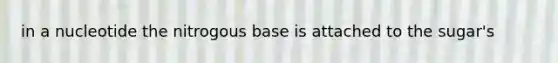 in a nucleotide the nitrogous base is attached to the sugar's