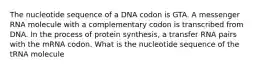 The nucleotide sequence of a DNA codon is GTA. A messenger RNA molecule with a complementary codon is transcribed from DNA. In the process of protein synthesis, a transfer RNA pairs with the mRNA codon. What is the nucleotide sequence of the tRNA molecule