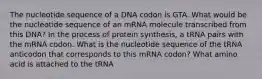 The nucleotide sequence of a DNA codon is GTA. What would be the nucleotide sequence of an mRNA molecule transcribed from this DNA? In the process of protein synthesis, a tRNA pairs with the mRNA codon. What is the nucleotide sequence of the tRNA anticodon that corresponds to this mRNA codon? What amino acid is attached to the tRNA