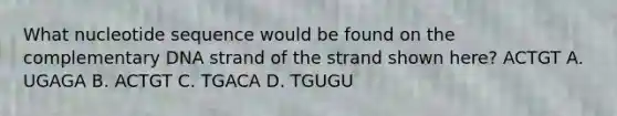 What nucleotide sequence would be found on the complementary DNA strand of the strand shown here? ACTGT A. UGAGA B. ACTGT C. TGACA D. TGUGU