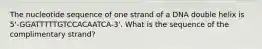 The nucleotide sequence of one strand of a DNA double helix is 5'-GGATTTTTGTCCACAATCA-3'. What is the sequence of the complimentary strand?