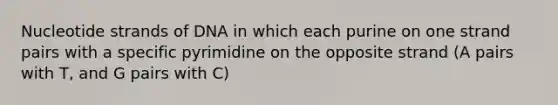 Nucleotide strands of DNA in which each purine on one strand pairs with a specific pyrimidine on the opposite strand (A pairs with T, and G pairs with C)