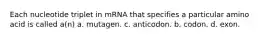 Each nucleotide triplet in mRNA that specifies a particular amino acid is called a(n) a. mutagen. c. anticodon. b. codon. d. exon.