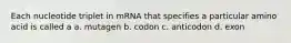 Each nucleotide triplet in mRNA that specifies a particular amino acid is called a a. mutagen b. codon c. anticodon d. exon