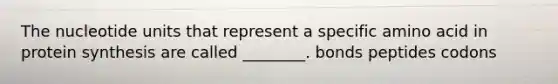The nucleotide units that represent a specific amino acid in protein synthesis are called ________. bonds peptides codons
