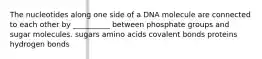 The nucleotides along one side of a DNA molecule are connected to each other by __________ between phosphate groups and sugar molecules. sugars amino acids covalent bonds proteins hydrogen bonds