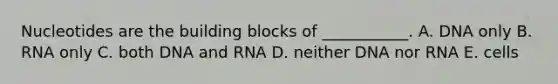 Nucleotides are the building blocks of ___________. A. DNA only B. RNA only C. both DNA and RNA D. neither DNA nor RNA E. cells