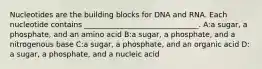 Nucleotides are the building blocks for DNA and RNA. Each nucleotide contains _______________________________. A:a sugar, a phosphate, and an amino acid B:a sugar, a phosphate, and a nitrogenous base C:a sugar, a phosphate, and an organic acid D: a sugar, a phosphate, and a nucleic acid