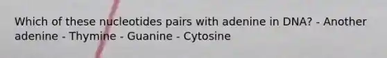 Which of these nucleotides pairs with adenine in DNA? - Another adenine - Thymine - Guanine - Cytosine