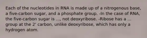 Each of the nucleotides in RNA is made up of a nitrogenous base, a five-carbon sugar, and a phosphate group. -In the case of RNA, the five-carbon sugar is ..., not deoxyribose. -Ribose has a ... group at the 2' carbon, unlike deoxyribose, which has only a hydrogen atom.