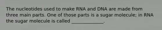 The nucleotides used to make RNA and DNA are made from three main parts. One of those parts is a sugar molecule; in RNA the sugar molecule is called ______________.