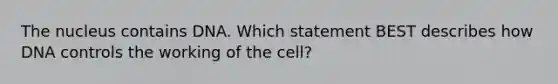 The nucleus contains DNA. Which statement BEST describes how DNA controls the working of the cell?