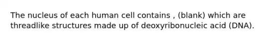 The nucleus of each human cell contains , (blank) which are threadlike structures made up of deoxyribonucleic acid (DNA).