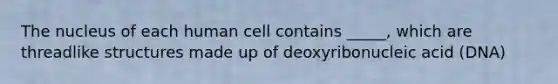 The nucleus of each human cell contains _____, which are threadlike structures made up of deoxyribonucleic acid (DNA)