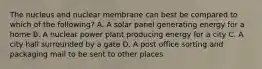 The nucleus and nuclear membrane can best be compared to which of the following? A. A solar panel generating energy for a home B. A nuclear power plant producing energy for a city C. A city hall surrounded by a gate D. A post office sorting and packaging mail to be sent to other places