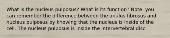 What is the nucleus pulposus? What is its function? Note: you can remember the difference between the anulus fibrosus and nucleus pulposus by knowing that the nucleus is inside of the cell. The nucleus pulposus is inside the intervertebral disc.