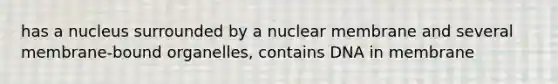 has a nucleus surrounded by a nuclear membrane and several membrane-bound organelles, contains DNA in membrane