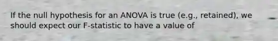 If the null hypothesis for an ANOVA is true (e.g., retained), we should expect our F-statistic to have a value of