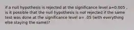 if a null hypothesis is rejected at the significance level a=0.005 , is it possible that the null hypothesis is not rejected if the same test was done at the significance level a= .05 (with everything else staying the same)?