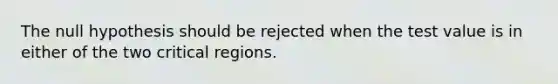 The null hypothesis should be rejected when the test value is in either of the two critical regions.