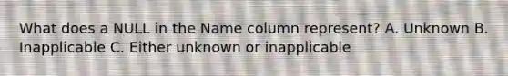 What does a NULL in the Name column represent? A. Unknown B. Inapplicable C. Either unknown or inapplicable